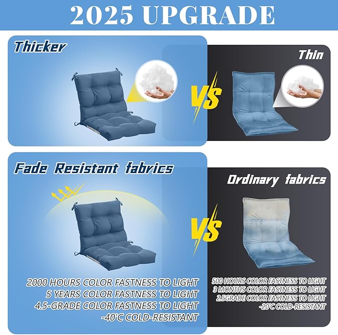 Marsui 2 Pcs Outdoor Indoor High Back Chair Cushions Patio Furniture Tufted Pillow with Ties Water-Resistant Replacement Outdoor Rocking Chair Cushions, 42 x 21 Inches (Blue Gray,Solid Color)