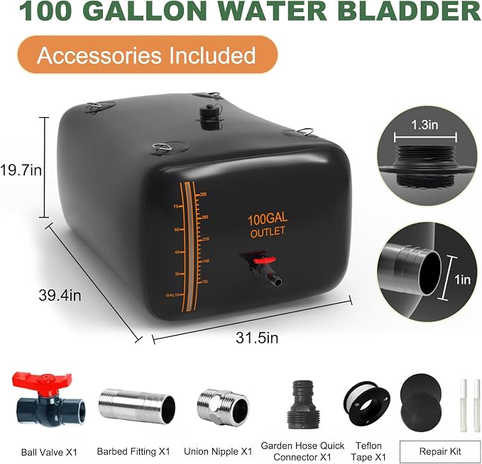 100 Gallon Water Bladder, 1000D PVC Foldable Portable Water Tank, Black Large Capacity Water Bag Container for Camping, Garden, Agricultural Irrigation, Drought Resistance, Emergency Supply