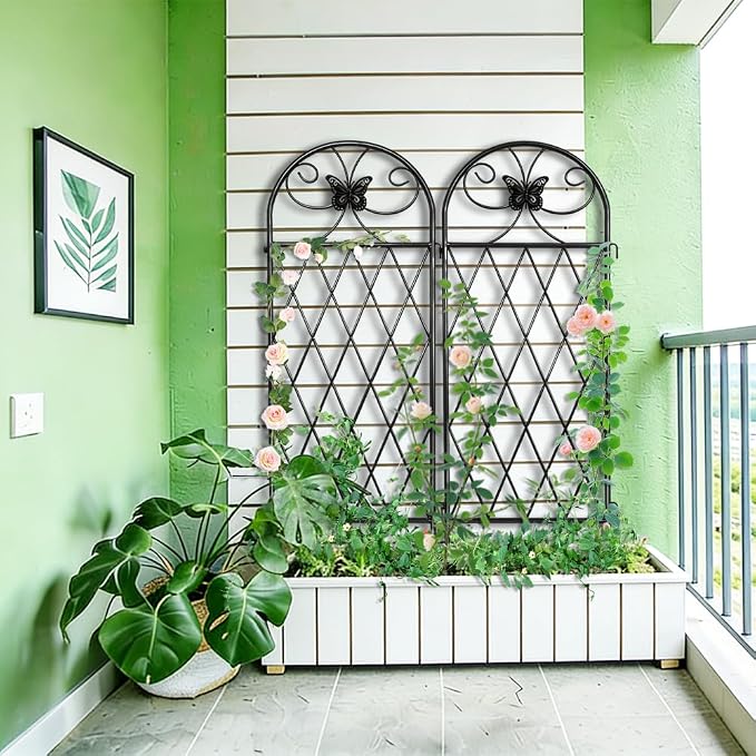 2 Pack Black Garden Trellis for Climbing Plants Outdoor 47” x 16” Climbing Rose Trellis Wrought Iron Trellis Ivy Cucumbers Decorative Metal Flat Trellis