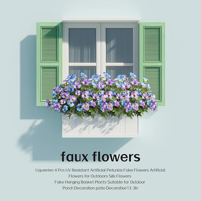 Blue Purple Artificial Morning Glory Flowers for Outdoor Planters, Premium UV Resistant Silk Faux Flowers for Porch, Hanging Basket & Window Box, Cottage Garden Decor, No Pot, 13.3 Inch, 4 Bundles