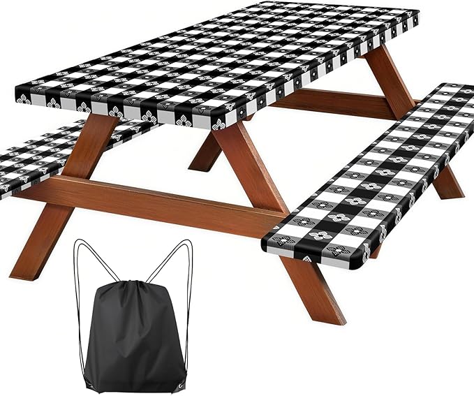 Picnic Table Cover with Bench Covers, Fitted 6ft Waterproof Tablecloth Set for Outdoor Camping & RV - Includes 1 Table Cover & 2 Bench Covers with Drawstring Storage Bag, 30"x72", Four-leaf Clover