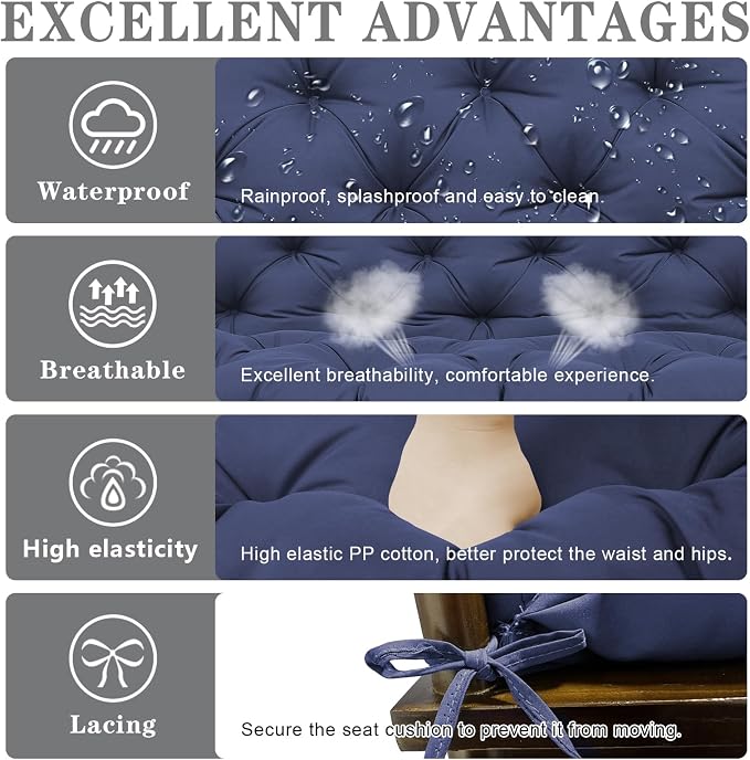 Porch Swing Cushions Outdoor, 5 Inch Thick Waterproof 2-3 Seater Replacement Swing Cushion with Backrest and Anti-Slip Ties, Perfect for Porch, Patio, Garden, Outdoor Bench Furniture, 48×40×5 Inch