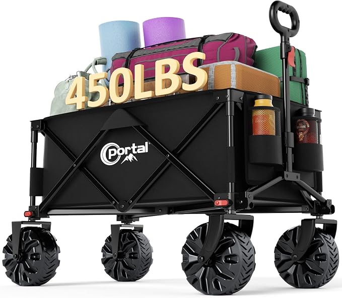 PORTAL Heavy-Duty Folding Wagon Cart, Large Collapsible Utility Wagon with All-Terrain Wheels for Beach, Camping, Garden & Grocery