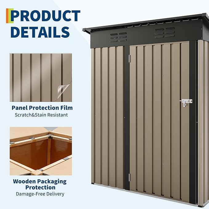 5x3 ft Outdoor Storage Shed & Tool Shed, Metal Garden Shed with Sloping Roof and Lockable Door, Compact Utility Shed for Backyard, Patio, Garden Storage, Brown