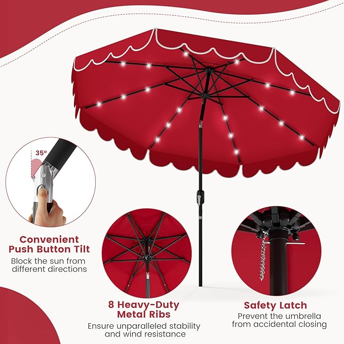 Tangkula 9 FT Solar Patio Umbrella, 2-Tiers Scalloped Outdoor Table Market Umbrella with 32 LED Lights, Vented Top, Tilt Adjustment, Crank, 8 Ribs for Backyard Poolside Deck Beach Lawn (Red)