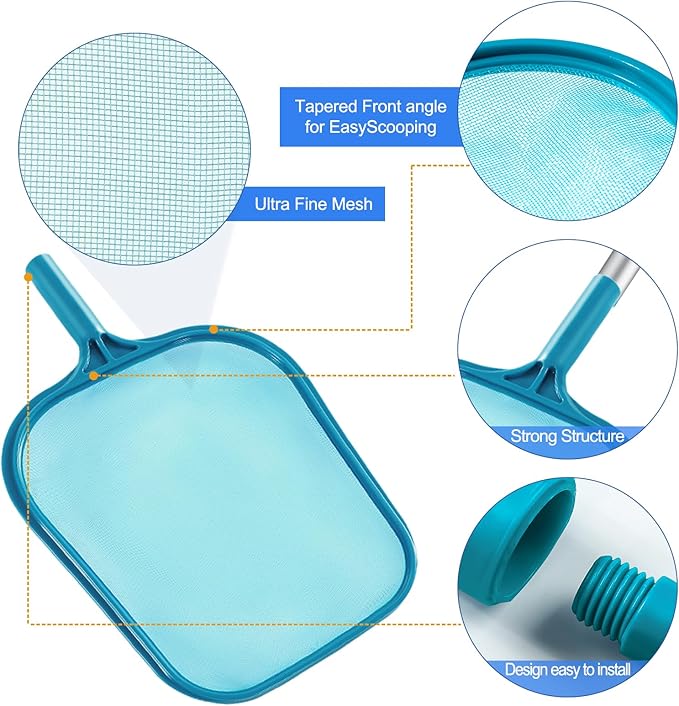 Pool Skimmer - Pool Skimmer Net with 5 Section Detachable Aluminum Telescopic Poles, 25''- 64'', Pool Net Skimmer Rake with Ultra Fine Mesh , Pool Leaf Skimmer for Swimming Pools, Spas, Hot Tubs