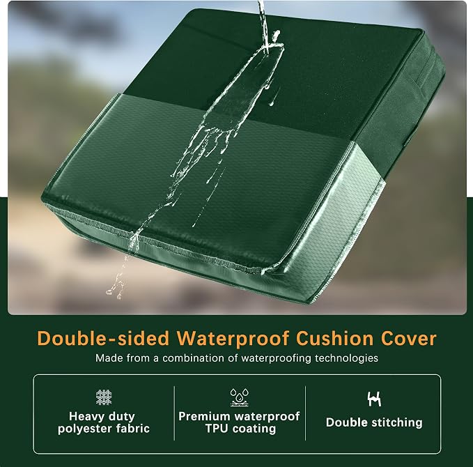 Favoyard Outdoor Patio Seat Cushion Set, 22x22 Inch, Water & Fade Resistant | Removable Cover Patio Furniture Cushion, Deep Seat & Back Cushion, Tie Straps Pads for Chair, Sofa, Couch, Dark Green