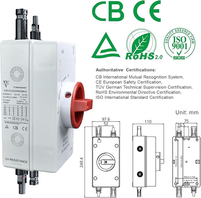Solar Disconnect Switch 4-Pole DC1500 32A Isolator Solar Switch with Enclosure for Rooftop Solar Systems, RVs and Boat Waterproof IP66 Red 2MC4