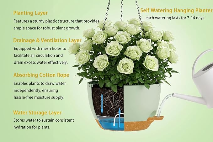 Hanging Planters, 3-Pack 10 Inch Self-Watering Pots with Drainage Holes and Chains, Matte Plastic Planters for Indoor/Outdoor Plant（Green Brown）