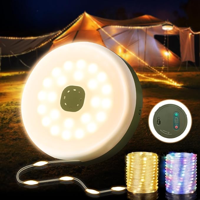 Camping String Lights, Quick Storage 32.8FT Rechargeable Tent Lights String with 8 Modes, Hanging Waterproof Portable LED Lamp for Camping Outdoor Patio Awning Garden Party Essentials