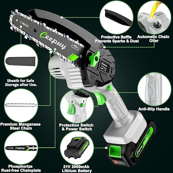 CEEPUY Mini Chainsaw Cordless, Gifts for Men Dad Father Husband Gardener, Cool Gadgets for Men, 6 Inch Portable Electric Chain Saw, Small Handheld Security Lock Trees Branches Trimming, Wood Cutting