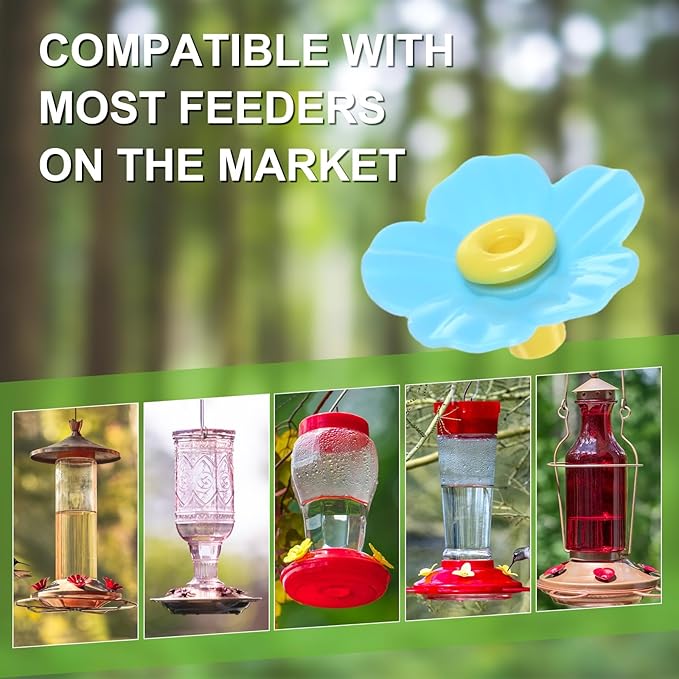 M METERXITY 16-Pack Hummingbird Feeder Replacement Flowers, Plastic Pet Hummingbird Feeding Parts Feeding Ports for Outdoor Hanging Feeders, Bees Guards [Blue]