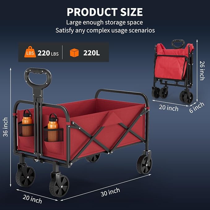 Garvee Wagons Carts Foldable, Garvee Utility Collapsible Wagon with All-Terrain Wheels, Drink Holders & Adjustable Handle, 220 LBS Portable Grocery Wagon for Shopping, Camping, Garden -Red