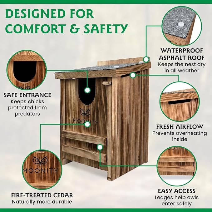 MOONITY Fire-Treated Cedar Owl House with Asphalt Roof – 14" x 9" x 9" All-Season Nesting Box for Screech, Kestrel & More – Durable, Weatherproof & Easy to Install