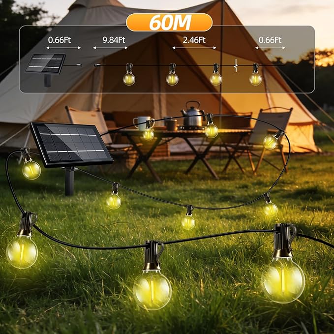 150FT Solar Lights Outdoor Waterproof: G40 45M Shatterproof Bulbs Patio Lights - Solar Powered Remote Control 3 Light Modes Dimmable Solar Light - Camping Backyard Garden Deck Outside Yard