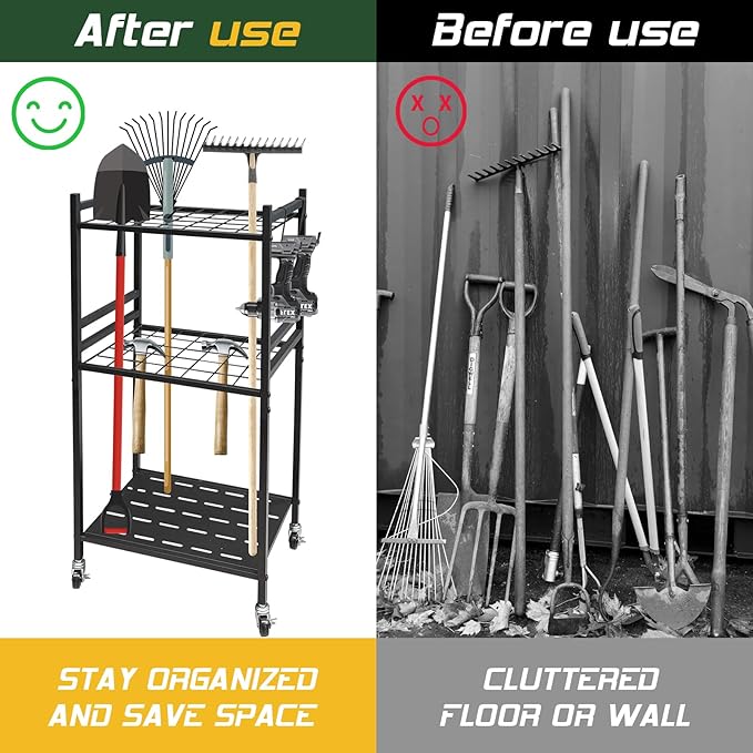 Garden Tool Organizer, 3-Tier Yard Tool Storage Rack with 35 Slots & 3 Hooks, Heavy Duty Garage Organizer for Shovels, Rakes & Brooms (33.6" x 11.5" x 17")