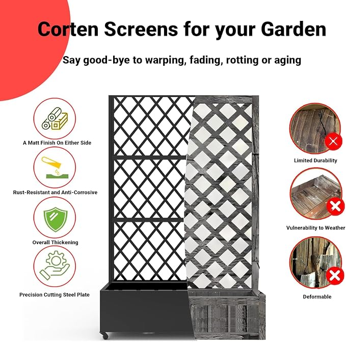 Metal Raised Garden Bed, 72" H x 47" W Privacy Planter Box with Trellis and Wheels, Hook, Freestanding Privacy Planter Box for Climbing Plants, Vegetables & Vines, Drainage Holes