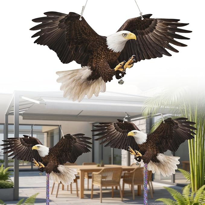 Flat Fake Eagle to Keep Pigeon Woodpecker Animals Away, 4 Pack Hanging Fake Eagle with Reflective Tape for Scare Animals Away, Waterproof Outdoor Decor for Garden Balcony Window Patio Front Porch
