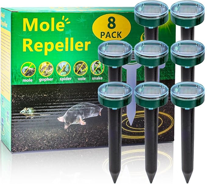 8 new Green Mole Repellent for lawns Gopher Repellent Ultrasonic Solar Powered Snake Repellent Deterrent Mole Repeller Vole Repellent Outdoor Lawns Garden Yard All Pests Sonic Spikes Stakes Chaser8