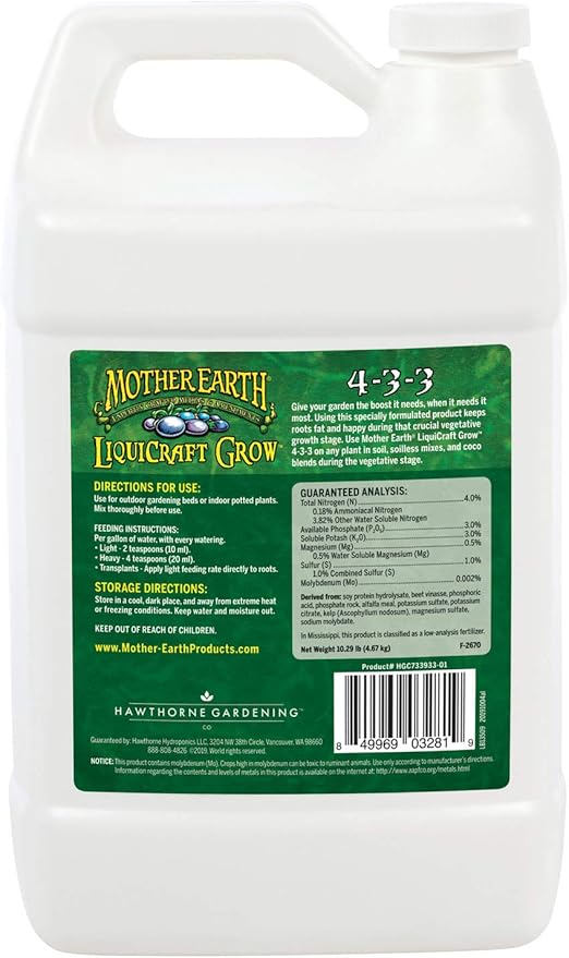 Mother Earth LiquiCraft Grow 4-3-3 Liquid Plant Fertilizer For Vegetative Plants, Flowers And Tomatoes, Gallon