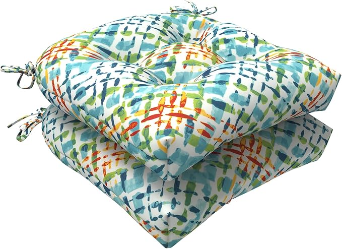 LVTXIII Outdoor/Indoor Tufted Seat Cushion, Decorative Wicker Chair Pads All Weather Seat Cushion Sets for Patio Garden Home Office Furniture, 19"x19"x4", Round Back, Pack of 2, Acapa Opal Geometric