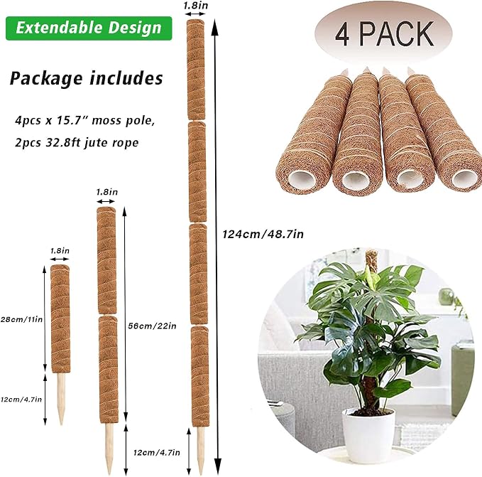 YEAJON 4 Pcs 15.7 Inch Coir Moss Totem Pole Monstera Plant Support with 2 Pcs 32.8ft Jute Rope, Plant Stakes for Indoor Plants Climbing, Support Extension(4 Packs 15.7 Inch)