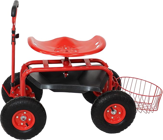 Sunnydaze Garden Cart with Wheels - Garden Stool on Wheels - Rolling Gardening Seat with Extendable Handle - Swivel Seat - Red