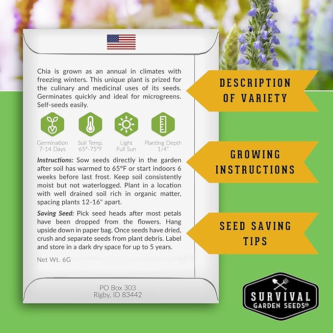 Chia Seeds for Planting – Mexican Salvia Hispanica Herb for Edible Seed Harvest and Ornamental Garden Flowers – Heirloom, Non GMO Variety –Survival Garden Seeds (2 Packs)