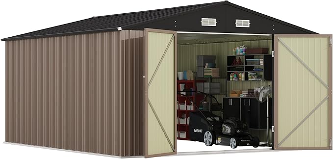 Greesum 10x12FT Outdoor Storage Shed, Utility Tool Shed with Sloping Roof, Metal Storaged Garden Shed with Door & Lock for Patio Storage, Brown