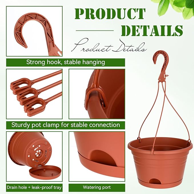 Roshtia 20 Pcs 10 Inch Hanging Baskets for Plants Large Plastic Hanging Basket Pots with Drainage Trays Self Watering Planter Pots for Outdoor Indoor Plants Flowers Garden Balcony (Brown)