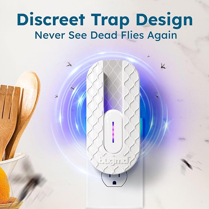 BugMD No Buzz Zone Fruit Fly Traps for Indoors with Honey Scent Bait & UV Light – Gnat Traps for House Indoor, Plug In Fly Trap Indoor, Bug Zapper Alternative, Mosquito Trap for Home