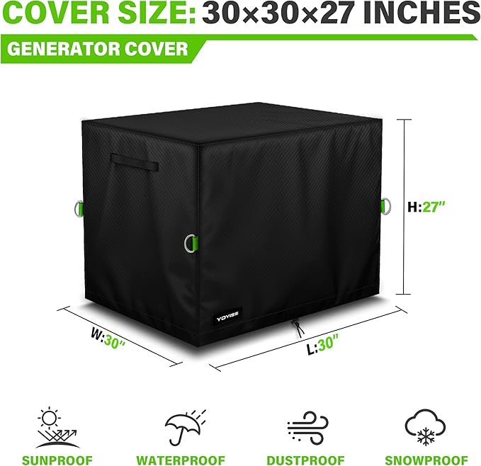 Waterproof Generator Cover. 30L×30W×27H Inches, Equipped with A Wind-resistant Securing Rope. Suitable for Most Generators 5000-12000 Watts. Black.
