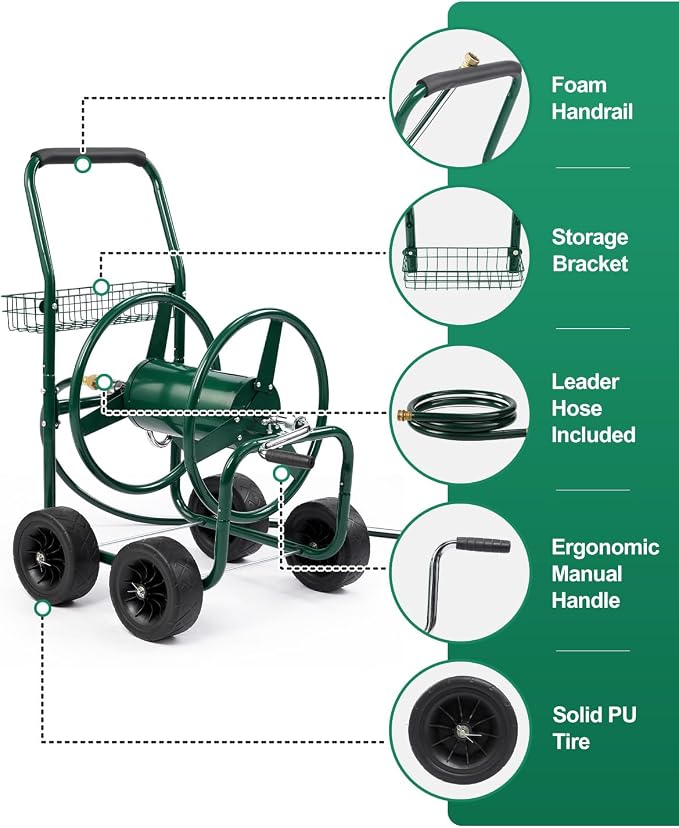 Outvita Garden Hose Reel Cart, Heavy Duty Water Hose Cart for Outside, Lawn Watering, for Garden, Yard, Lawn, Farm, Hold Up to 250 ft of 5/8’’ Hose, 4 PU Wheels, Storage Basket (Green)