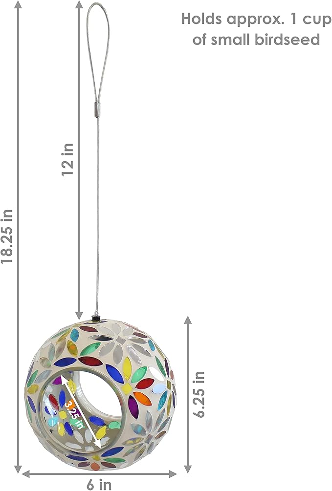 Sunnydaze 6-Inch Glass Mosaic Hanging Bird Feeder for Outdoors - Fly-Through Glass Bird Feeder for Cardinals, Jays, Finches and More - Rainbow Daisies