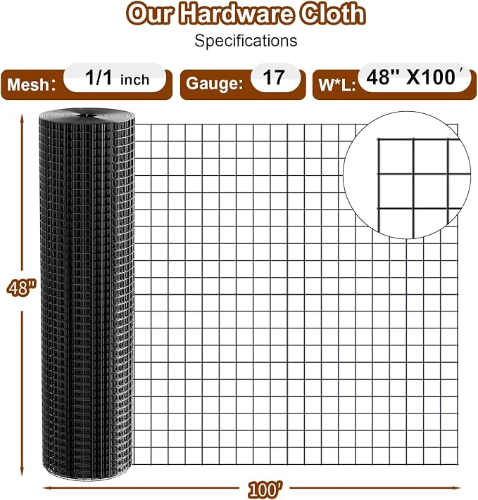 Black Hardware Cloth 1 inch 48 x 100 ft Mesh 17 Gauge Vinyl PVC Coated Welded for Gopher Wire, Rodent Mesh Preventing Hare, Raccoons, Foxes, Groundhog Poultry Netting
