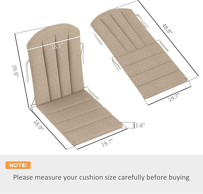 Outsunny Adirondack Chair Cushion Set of 4, Outdoor Chair Cushions with Ties, 25D High-Density Foam, High Back Patio Chair Cushions, Fade Resistant for Patio Furniture, 49" x 20" x 2", Beige