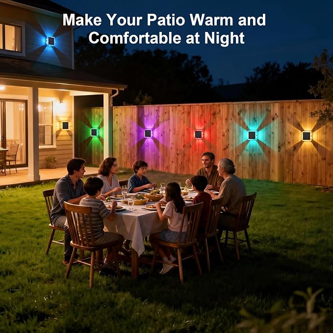 AUDLES Solar Fence Lights Outdoor, IP67 Waterproof 4-Sided Glow Solar Wall Lights, RGB 8 Modes Color Changing Solar Garden Light for Patio Pool Step Porch Yard-12 Pack