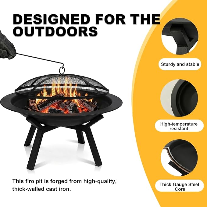 Outdoor Wood Burning Fire Pit, Heavy Duty Round Steel Fire Bowl for Backyard, Patio, Camping, Bonfire, Black Finish, with Mesh Spark Screen and Hook