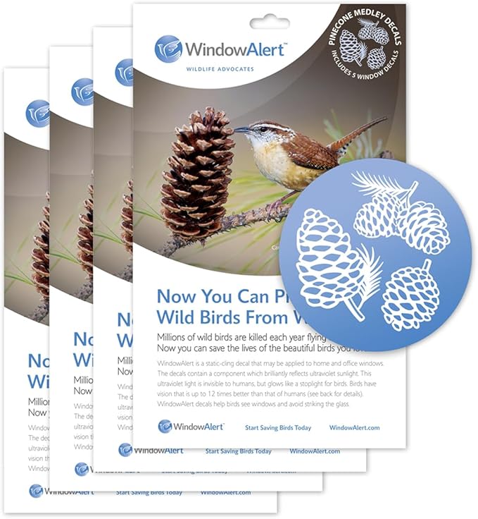 WindowAlert Pinecone Anti-Collision Decal 4 Pack - UV-Reflective Window Decal to Protect Wild Birds from Glass Collisions - Made in The USA