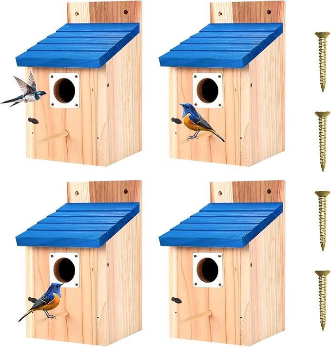 4-Pack Blue Wooden Bird Houses for Outdoors with Predator Guard, Bluebird Houses for Outside – Ideal for Bluebirds & Other Backyard Birds, Blue