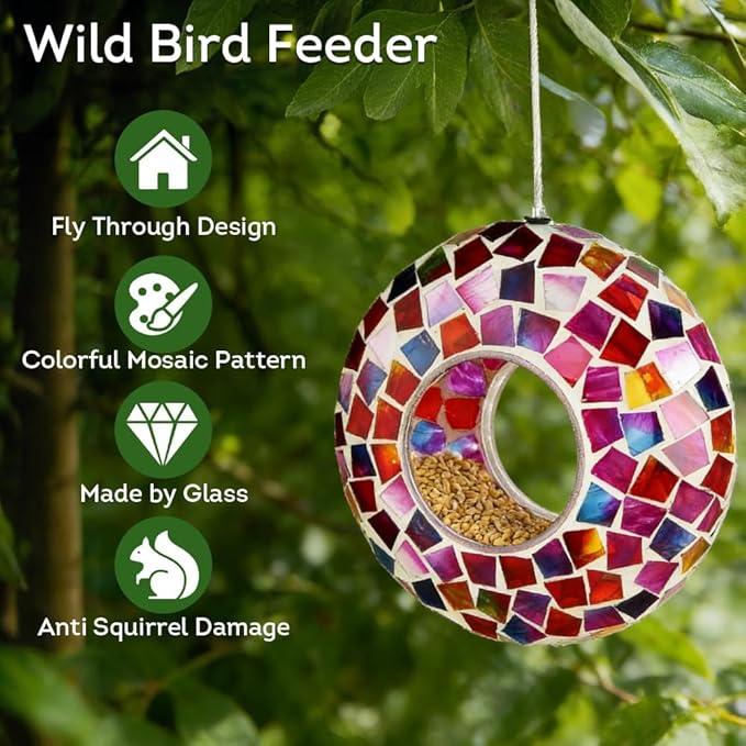 Lily's Home 6 Inches Glass Mosaic Hanging Bird Feeder for Outdoors Fly-Through Large Bird Feeder for Outdoor Garden Decor Backyard, Excellent Gift for Animals Lovers, Purple, Pink and Red