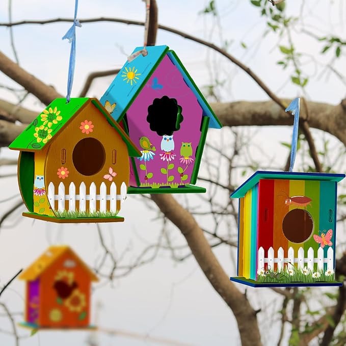Kisston 210 Pcs DIY Birdhouse Kits for Kids Ages 5-8, 8-12, 96 Wooden Bird Houses Kit in 6 Shapes and 114 Stereoscopic Butterfly Sticker for Children Craft Class Activity Art DIY Project