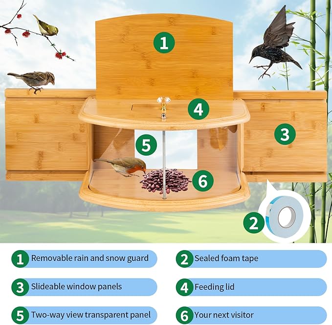 Window Bird Feeder Birdwatching Indoors,180° Ultimate Clear View Wild Bird Feeder Brings Nature's Beauty to Your Home/Office Hanging Bird Feeder House Bamboo Nature