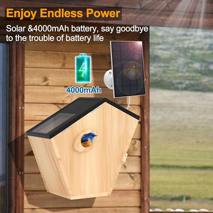 Smart Bird House with Camera Solar Powered,Bird Nesting Box Watching Wireless Camera for Bluebird,5MP Full Color IR Night Vision,2.4G WiFi APP Controlled Auto Notification,Ideal Gift for Bird Lovers