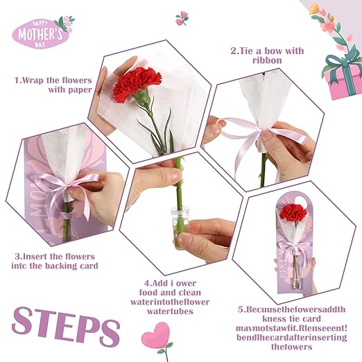 Eaasty 96 Set Mother's Day Themed Single Carnation Card Sleeve Gift Packaging Flower Holder with Floral Water Tubes Ribbon and Tissue Paper for Flower Packing