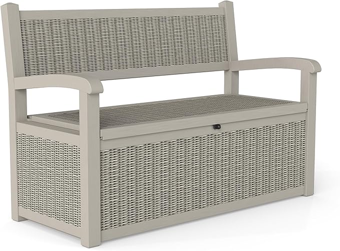 Skepphlay 70 Gallon Storage Bench Deck Box Outdoor, Deck Storage Bench Outside, Lockable Outdoor Benches with Armrest & Back, Deck Boxes Waterproof for Pool Patio Garden (Grey)