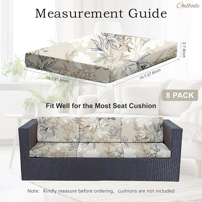 CALBODE 8Pcs Outdoor Stretch Cushion Covers,Waterproof Outdoor Chair Floral Cushion Covers for Patio Furniture, Washable Beige Couch Covers Replacement for Patio Furniture