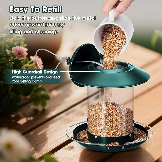 Metal Roof Bird Feeder, Hanging Bird Feeder for Outdoors with 3lb Clear Tube Seed Capacity for Viewing Cardinal Finch, Wild Birdfeeders for Outside Garden Yard Decoration