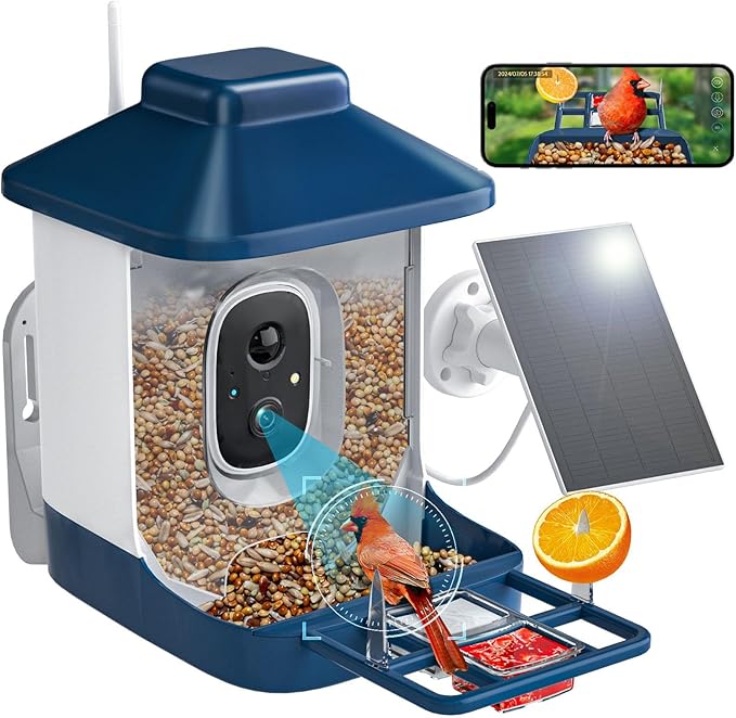 Bird Feeder with Camera, AI Bird Identification, Full HD Live Video, Solar Powered, 2.4Ghz WiFi, Instant Arrival Alerts - Best Gifts for Bi rd Lover