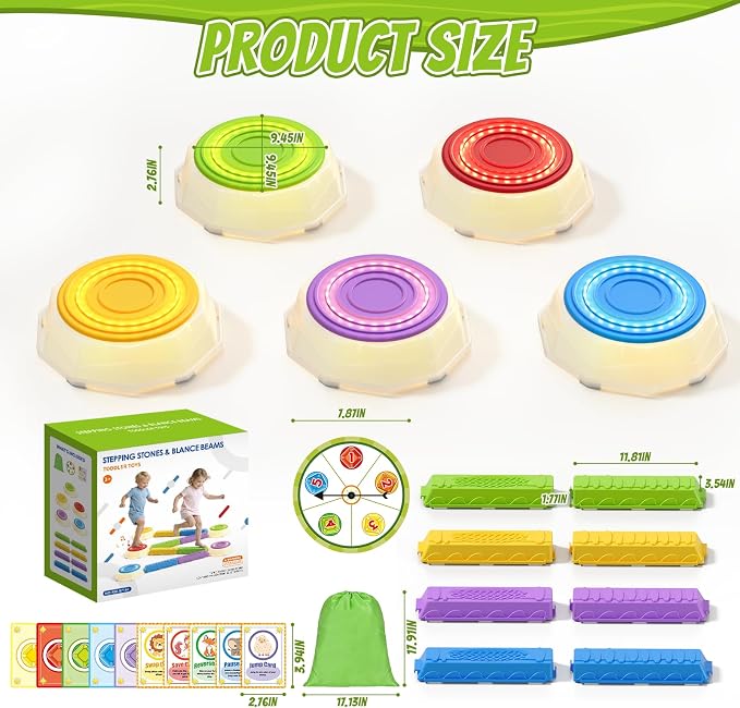 HYES Light Up Stepping Stones & Balance Beams for Kids 1-3, 13PCS Non-Slip Sensory Obstacle Course with Piano Music, Game Spinner & 30 Cards, Indoor Outdoor Toddler Toys Gifts for Boys Girls Ages 3-5